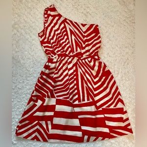 Soprano One Shoulder Red and Cream Print Dress, Size Medium